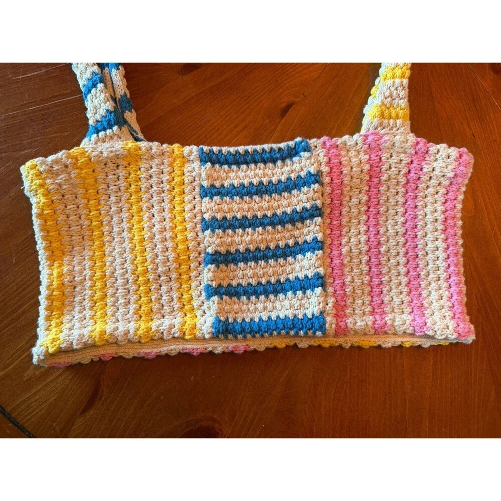 Zara NWT Women’s S Crochet Knit Tote Bag Multicolor Striped Cotton Boho